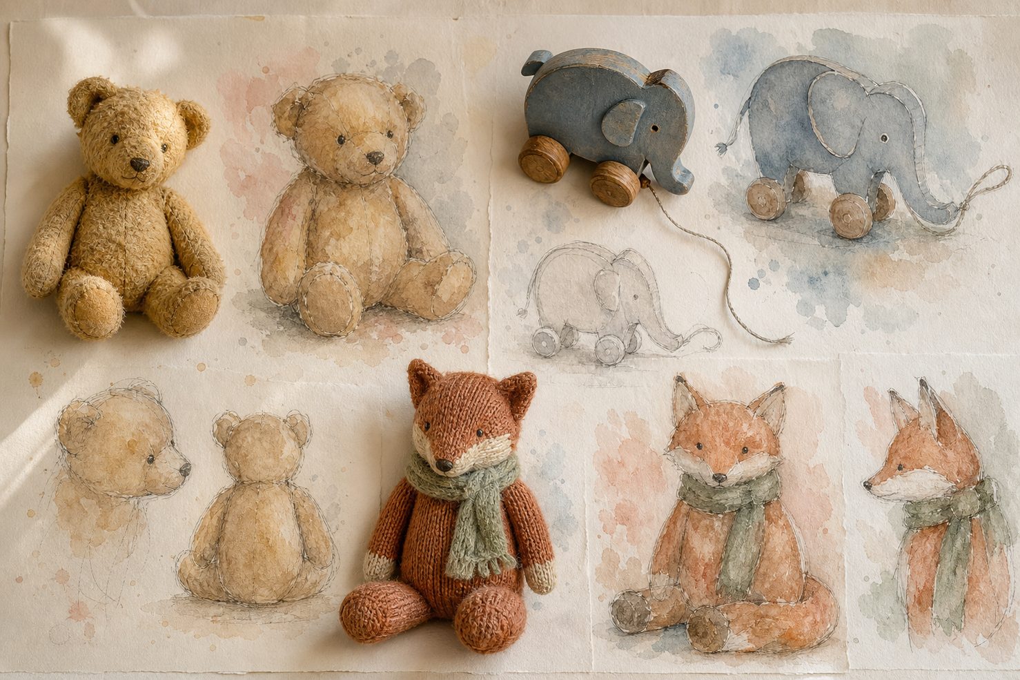 A panorama of comfort toys and childhood objects painted in vivid watercolor pigments.