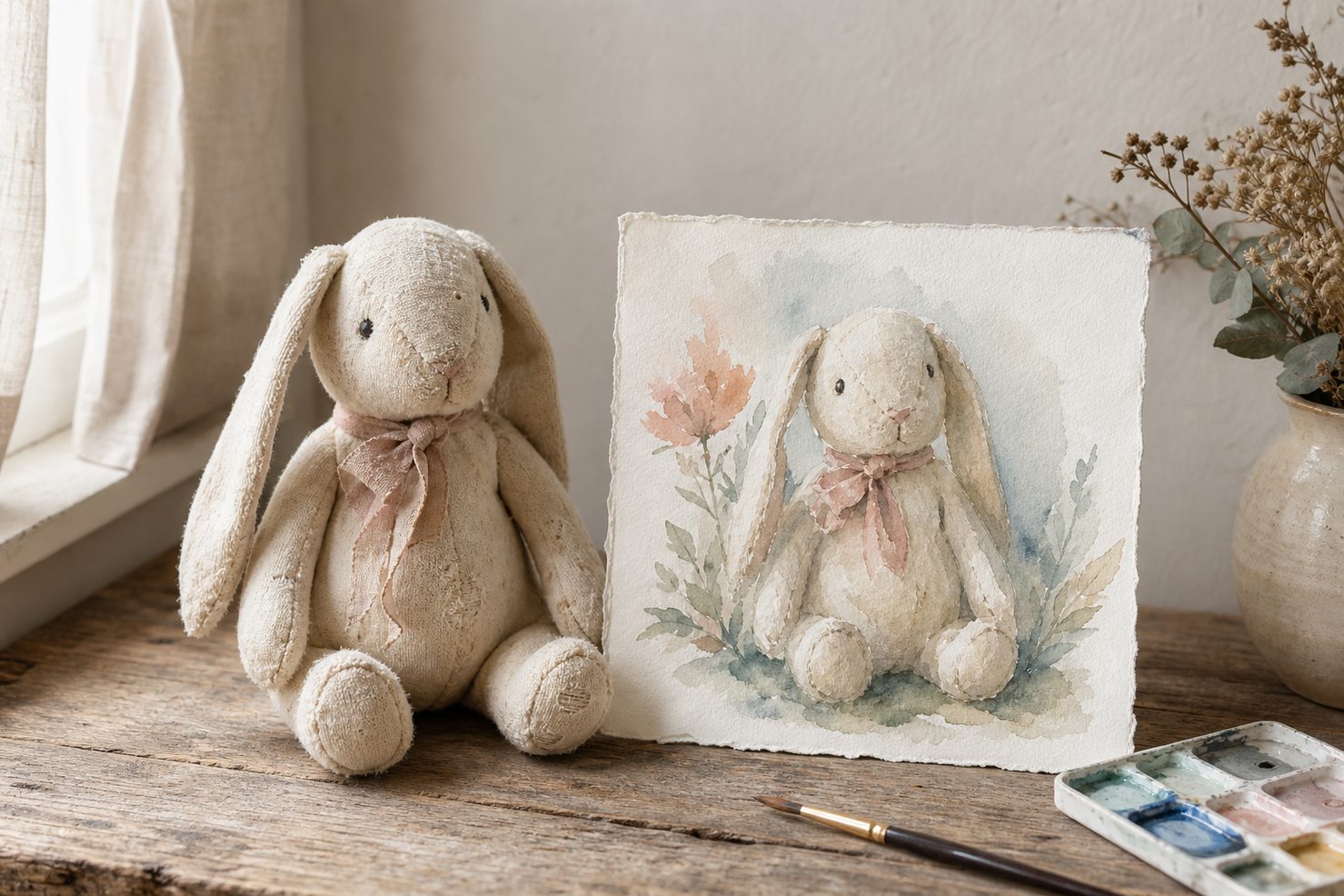 A comfort rabbit beside its luminous watercolor portrait on paper.