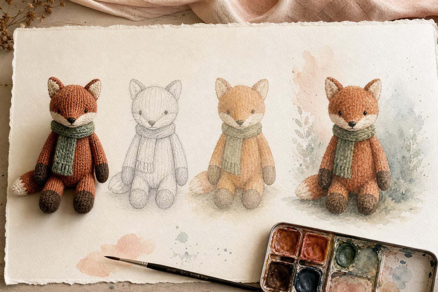 Steps in painting a stuffed fox, from reference photo to finished watercolor.